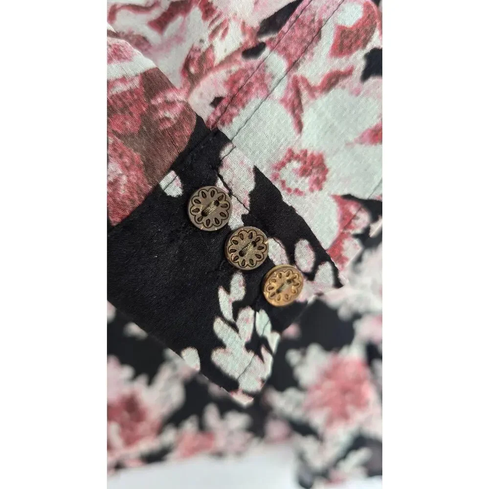 Free People Romper Womens Medium Black Floral Sheer Wrap Long Sleeve Buttons